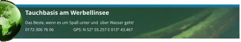 Tauchbasis am Werbellinsee Das Beste, wenn es um Spaß unter und  über Wasser geht! 0172-306 76 06                   GPS: N 52° 55.257 E 013° 43.467  Padi SSI SDI TDI