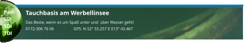 Tauchbasis am Werbellinsee Das Beste, wenn es um Spaß unter und  über Wasser geht! 0172-306 76 06                   GPS: N 52° 55.257 E 013° 43.467  Padi SSI SDI TDI